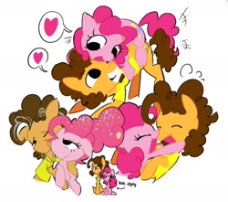 Size: 1430x1265 | Tagged: safe, artist:appledash3r_, derpibooru import, cheese sandwich, pinkie pie, earth pony, pony, g4, brown mane, brown tail, cheesepie, clothes, curly hair, curly mane, curly tail, cute, diacheeses, diapinkes, duo, duo male and female, emanata, eye clipping through hair, eyelashes, eyes closed, female, glomp, hair bun, height difference, hug, looking at each other, looking at someone, male, mare, no catchlights, older, older cheese sandwich, older pinkie pie, one eye closed, open mouth, open smile, orange coat, pink coat, pink mane, pink tail, plewds, shipping, shirt, simple background, smiling, speech bubble, stallion, straight, sweat, sweatdrops, t-shirt, tail, text, tied mane, wavy mouth, white background