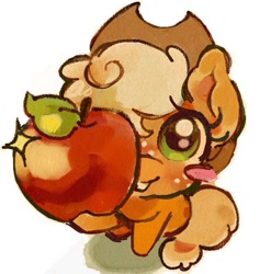 Size: 1186x1200 | Tagged: safe, artist:applepums, derpibooru import, applejack, earth pony, pony, g4, apple, applejack's hat, blonde, blonde mane, blonde tail, blush sticker, blushing, clothes, colored, cowboy hat, cute, drawing challenge, eye clipping through hair, eyelashes, female, food, foreshortening, freckles, green eyes, hat, hoof hold, jackabetes, looking at you, mare, open mouth, open smile, orange coat, shiny eyes, simple background, sitting, smiling, solo, tail, tied tail, white background, wingding eyes