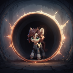 Size: 2048x2048 | Tagged: safe, ai content, derpibooru exclusive, derpibooru import, generator:stable diffusion, machine learning generated, oc, oc only, earth pony, pony, g4, brown mane, clothes, female, generator:bluefox mix, goggles, green eyes, high res, hoodie, jacket, mare, portal, prompter:adorablebluefox, smiling, solo, standing, tunnel, yellow coat