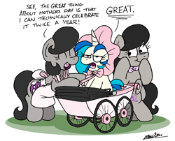 Size: 1872x1514 | Tagged: safe, artist:bobthedalek, derpibooru import, dj pon-3, octavia melody, vinyl scratch, oc, oc:mixed melody, oc:octavia's mother, earth pony, pony, unicorn, apron, baby carriage, bonnet, clothes, dialogue, female, happy, horn, mare, mother and child, mother and daughter, mother's day, parent and child, scrunchy face, stifling laughter, stroller, this will end in intensive mothering, unamused, vinyl scratch is not amused