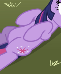 Size: 495x601 | Tagged: safe, derpibooru import, screencap, twilight sparkle, unicorn twilight, pony, unicorn, g4, the super speedy cider squeezy 6000, belly, cropped, grass, lying down, pictures of bellies, solo