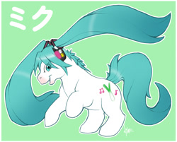 Size: 800x642 | Tagged: safe, artist:nyaasu, derpibooru import, earth pony, pony, g1, hatsune miku, headphones, ponified, simple background, solo, species swap, vocaloid