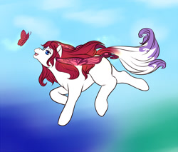 Size: 1280x1092 | Tagged: safe, artist:keroascrazy, derpibooru import, oc, oc only, butterfly, flutter pony, pony, flying, gradient background, looking at something, solo