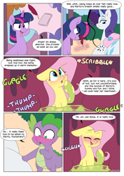 Size: 2894x4093 | Tagged: safe, artist:shoelace, derpibooru import, fluttershy, rarity, spike, twilight sparkle, unicorn twilight, dragon, pegasus, pony, unicorn, comic:rarity's delight, g4, flutterprey, horn, mucous, mucus, raripred, rugae, slimy, stomach acid, stomach noise, vore