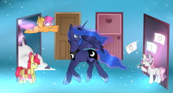 Size: 2400x1300 | Tagged: safe, artist:mutant-girl013, derpibooru import, apple bloom, princess luna, scootaloo, sweetie belle, alicorn, earth pony, pony, unicorn, bloom and gloom, g4, blanket, cutie mark crusaders, door, dream walker luna, female, filly, flying, foal, horn, magic, mare, snow