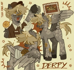 Size: 1473x1400 | Tagged: safe, artist:tigerstar_art, derpibooru import, derpy hooves, pegasus, pony, g4, alternate design, alternate hairstyle, alternate tailstyle, bandage, bandaged wing, bandaid, bandaid on nose, blonde, blonde mane, blonde tail, cheek fluff, clothes, coat markings, colored, colored eartips, colored hooves, colored muzzle, colored wings, colored wingtips, dappled, dialogue, emanat, eye clipping through hair, eyelashes, female, flat colors, food, freckles, golden eyes, gray coat, hair over eyes, hat, large wings, mailmare, mailmare uniform, mare, muffin, multicolored wings, one wing out, open mouth, open smile, shirt, short mane, short mane derpy hooves, short tail, signature, simple background, smiling, solo, sparkles, speech bubble, spread wings, standing, stars, tail, talking, text, torn ear, triality, uniform, unshorn fetlocks, waving, wing fluff, wings, yellow background