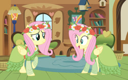 Size: 1280x800 | Tagged: safe, artist:brightstar40k, derpibooru import, fluttershy, changeling, pegasus, pony, g4, base used, clothes, coronation dress, disguise, disguised changeling, double, dress, duo, female, flower, flower in hair, fluttershy's cottage, impostor, mare, oh my, open mouth, open smile, smiling, uh oh, worried