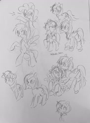 Size: 2046x2805 | Tagged: safe, artist:metaruscarlet, derpibooru import, pinkie pie, rainbow dash, twilight sparkle, unicorn twilight, oc, oc:becky moonlight, oc:metaru scarlet, oc:poniko, oc:rebecca, oc:rokuchan, earth pony, pegasus, pony, unicorn, g4, clothes, cutie mark, flower, flower in hair, folded wings, horn, jewelry, looking at each other, looking at someone, necklace, open mouth, pegasus oc, sailor uniform, smiling, smiling at each other, socks, spread wings, tongue, tongue out, traditional art, unicorn oc, uniform, wings