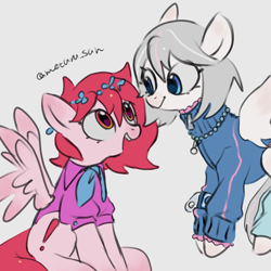 Size: 4096x4096 | Tagged: safe, artist:metaruscarlet, derpibooru import, oc, oc only, oc:metaru scarlet, oc:rebecca, pegasus, pony, clothes, cutie mark, flower, flower in hair, flying, gray background, jewelry, looking at each other, looking at someone, necklace, open mouth, pegasus oc, simple background, sitting, socks, spread wings, wings