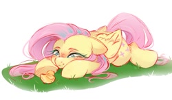 Size: 1495x875 | Tagged: safe, artist:melodylibris, derpibooru import, fluttershy, bird, duck, pegasus, pony, g4, chick, colored sketch, cute, female, grass, lying down, mare, prone, shyabetes, sketch, solo