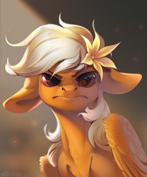 Size: 2500x3000 | Tagged: safe, artist:mithriss, derpibooru import, oc, oc only, pegasus, pony, commission, ears, female, floppy ears, flower, flower in hair, indignant, looking at you, mare, simple background, solo