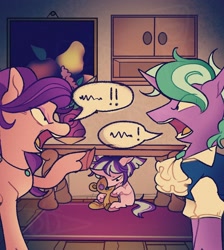 Size: 1700x1900 | Tagged: safe, artist:disaterror, derpibooru import, firelight, spoiled rich, starlight glimmer, earth pony, pony, unicorn, g4, alternate parent, argument, blank flank, clothes, colored hooves, cupboard, curly hair, curly mane, curved horn, ears back, eye clipping through hair, female, filly, filly starlight glimmer, foal, frown, holding, hoof hold, horn, indoors, jewelry, looking at each other, looking at someone, mare, narrowed eyes, necklace, no catchlights, open frown, open mouth, pigtails, pink coat, plushie, ponytail, profile, purple coat, purple mane, ruffled shirt, rug, sad, shirt, shrunken pupils, speech bubble, table, tail, teal mane, teddy bear, teeth, this will end in divorce, tied mane, tongue, tongue out, two toned mane, two toned tail, unicorn horn, unshorn fetlocks, wavy mane, wooden floor, wooden table, yelling, younger