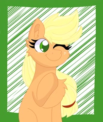 Size: 1632x1927 | Tagged: safe, artist:cinematic-fawn, derpibooru import, applejack, earth pony, pony, g4, chest fluff, hatless, missing accessory, one eye closed, solo, wink
