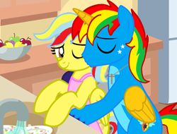 Size: 2079x1578 | Tagged: safe, artist:shieldwingarmorofgod, derpibooru import, oc, oc:shield wing, alicorn, pegasus, g4, female, hug, kissing, kitchen, male, mother and child, mother and son, mother's day, parent and child