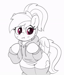 Size: 2227x2590 | Tagged: safe, artist:pabbley, derpibooru import, rainbow dash, pegasus, pony, :t, alternate hairstyle, bipedal, blush lines, blushing, clothes, cute, dashabetes, grayscale, hoodie, looking away, monochrome, partial color, ponytail, simple background, socks, solo, thigh highs, white background, wide hips