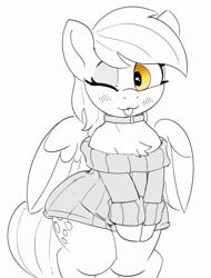 Size: 2144x2822 | Tagged: safe, artist:pabbley, derpibooru import, derpy hooves, pegasus, pony, g4, blush lines, blushing, chest fluff, choker, clothes, cute, derpabetes, female, grayscale, heart, heart eyes, mare, monochrome, off shoulder, off shoulder sweater, one eye closed, partial color, simple background, solo, sweater, sweater dress, tongue, tongue out, white background, wide hips, wingding eyes, wink