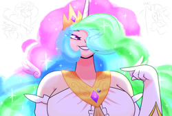 Size: 9000x6075 | Tagged: safe, artist:iceflower99, derpibooru import, princess celestia, human, g4, chuckle, horn, horned humanization, humanized, text, video at source, video in description