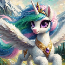 Size: 1024x1024 | Tagged: safe, ai content, machine learning generated, princess celestia, alicorn, pony, alternate cutie mark, bing, digital painting, female, fluffy, mare, mountain, regalia, solo, spread wings, windswept mane, windswept tail