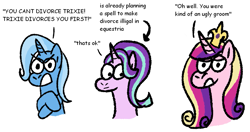 Size: 1227x648 | Tagged: safe, artist:zoeyhorse, derpibooru import, princess cadance, starlight glimmer, trixie, alicorn, pony, unicorn, g4, angry, arrow, bust, crossed hooves, dialogue, divorce, female, furrowed brow, horn, lidded eyes, looking away, mare, meme, simple background, talking to viewer, text, the bride and the ugly ass groom, trio, trio female, white background