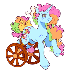 Size: 1998x1996 | Tagged: safe, artist:cocopudu, derpibooru import, oc, oc only, oc:sherbet blossom, pony, unicorn, g2, g4, amputee, bow, female, freckles, g4 to g2, generation leap, hair bow, horn, mare, missing leg, multicolored hair, prosthetics, raised hoof, raised leg, shoulder freckles, simple background, smiling, solo, tail, tail bow, unshorn fetlocks, wheel, wheelchair, white background