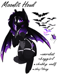 Size: 1500x1900 | Tagged: safe, artist:left4deadd, derpibooru import, oc, oc only, oc:moonlit howl, bat pony, bat pony oc, boygirl, bridle, colored wings, fangs, gradient wings, harness, nipples on stomach, nonbinary, pale belly, pronouns, purple eyes, reference sheet, slit eyes, tack, torn wings, werebat, wide hips, wings
