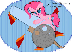Size: 1400x1000 | Tagged: safe, artist:scandianon, derpibooru import, pinkie pie, earth pony, pony, g4, bedroom eyes, female, hug, innuendo, looking at you, mare, not a penis, open mouth, open smile, party cannon, smiling, solo, squishy cheeks, talking to viewer, visual innuendo