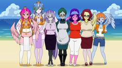 Size: 1366x768 | Tagged: safe, artist:shitsandgiggles, derpibooru import, cloudy quartz, cookie crumbles, posey shy, princess cadance, princess celestia, twilight velvet, windy whistles, alicorn, anthro, earth pony, pegasus, unicorn, g4, apron, armor, beach, belly button, belly piercing, big breasts, breasts, busty cloudy quartz, busty cookie crumbles, busty windy whistles, cleavage, clothes, crown, female, glasses, headlight velvet, hootermom, horn, huge breasts, jewelry, kisekae, loincloth, mother's day, piercing, princess breastia, princess cansdance, regalia, unconvincing armor