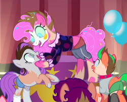 Size: 1300x1050 | Tagged: safe, artist:anonymous, derpibooru import, pinkie pie, earth pony, human, pony, g4, /ptfg/, alternate universe, balloon, clothes, clothes falling off, clown, clown makeup, clown outfit, colored sclera, colored teeth, confetti, confetti in mane, confetti in tail, eternal night au (janegumball), eye color change, fangs, female, human to pony, hypnosis, jester, jester pie, male to female, mare, mid-transformation, nightmare pinkie, nightmarified, shirt, shorts, show accurate, socks, species swap, swirly eyes, transformation, transgender transformation, underwear