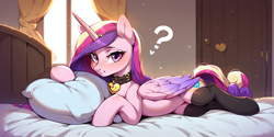 Size: 2400x1200 | Tagged: safe, ai content, derpibooru import, machine learning generated, princess cadance, alicorn, pony, bed, belly, choker, clothes, collar, draw me like one of your french girls, female, looking at someone, looking at you, mare, pet collar, pet play, pet tag, pony pet, prompter:greesys, question mark, solo, stockings, thigh highs, your character here