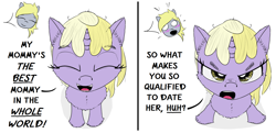 Size: 1698x820 | Tagged: safe, artist:chopsticks, derpibooru import, derpy hooves, dinky hooves, pegasus, pony, unicorn, 2 panel comic, angry, badass dinky, blushing, cheek fluff, chest fluff, closed mouth, comic, cute, daughters gonna daughter, dialogue, dinkabetes, duo, duo female, ear fluff, ears, eyes closed, female, filly, foal, horn, looking at you, looking up, looking up at you, madorable, mare, mother and child, mother and daughter, offscreen character, open mouth, parent and child, pouting, shocked, simple background, smiling, stray strand, talking to viewer, text, unshorn fetlocks, white background