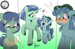 Size: 3840x2520 | Tagged: safe, artist:angrydiaper123, derpibooru import, oc, oc only, oc:brussels sprout, oc:spruce sprout, pony, unicorn, duo, duo female, ear piercing, earring, female, filly, foal, glasses, gradient background, high res, horn, jewelry, mare, mother and child, mother and daughter, mother's day, necklace, parent and child, pearl necklace, piercing