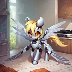 Size: 1024x1024 | Tagged: safe, ai content, derpibooru import, generator:pony diffusion v6 xl, generator:stable diffusion, machine learning generated, derpy hooves, pony, robot, robot pony, anonymous prompter, four wings, kitchen, multiple wings, roboticization, solo, wings
