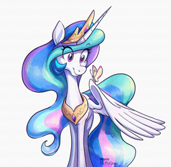 Size: 2572x2500 | Tagged: safe, artist:askometa, derpibooru import, princess celestia, alicorn, butterfly, pony, blushing, colored, horn, large wings, multicolored hair, multicolored mane, multicolored tail, simple background, solo, spread wings, tail, white background, wings