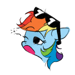 Size: 2560x2560 | Tagged: safe, artist:sketchy-pones, derpibooru import, rainbow dash, pegasus, pony, g4, bust, disembodied head, ears, eyebrows, eyebrows visible through hair, female, floppy ears, high res, mare, one eye closed, simple background, sleepy, solo, sunglasses, sunglasses on head, white background, yawn