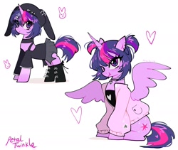 Size: 2048x1726 | Tagged: safe, artist:petaltwinkle, derpibooru import, twilight sparkle, twilight sparkle (alicorn), unicorn twilight, alicorn, pony, unicorn, g4, alternate design, alternate hairstyle, beanie, blushing, boots, bow, choker, clothes, cute, duality, duo, ear piercing, earring, eye clipping through hair, eyebrows, eyebrows visible through hair, eyelashes, fangs, female, floating heart, hairclip, hat, heart, heart mark, hoodie, hoof boots, hooped earrings, horn, jewelry, looking at you, mare, multicolored hair, one eye closed, piercing, pigtails, purple coat, purple eyes, shadow, shiny eyes, shiny hair, shirt, shoes, short hair, signature, simple background, sitting, skirt, smiling, smiling at you, spread wings, standing, tail, tanktop, twiabetes, wall of tags, white background, wings, wink, winking at you