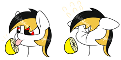 Size: 1800x900 | Tagged: safe, artist:cdrspark, derpibooru import, oc, oc only, oc:spark apocalypse, pegasus, pony, female, food, lemon, lemon meme, licking, meme, pegasus oc, puckered face, scrunchy face, silly, silly pony, simple background, solo, sour, tongue, tongue out, white background