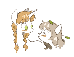 Size: 2076x1600 | Tagged: safe, artist:sketchy-pones, derpibooru import, pony, unicorn, blush sticker, blushing, bust, dungeon meshi, eyes closed, falin touden, female, horn, leaves, looking at each other, looking at someone, marcille donato, mare, ponified, simple background, smiling, smiling at each other, species swap, white background