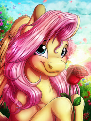 Size: 3000x4000 | Tagged: safe, artist:lupiarts, derpibooru import, fluttershy, butterfly, pegasus, pony, g4, bust, cherry blossoms, cute, female, flower, flower blossom, garden, high res, portrait, rose, shyabetes, solo