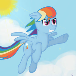 Size: 2000x2000 | Tagged: artist needed, source needed, safe, derpibooru import, rainbow dash, pegasus, pony, g4, cloud, female, flying, mare, sky, solo, sun, wings