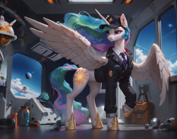 Size: 1144x896 | Tagged: safe, ai content, derpibooru import, generator:pony diffusion v6 xl, generator:stable diffusion, machine learning generated, princess celestia, alicorn, pony, g4, anonymous prompter, clothes, solo, space, spaceship, spread wings, suit, wings