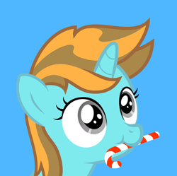 Size: 1668x1664 | Tagged: artist needed, source needed, safe, derpibooru import, oc, oc only, oc:sollace, pony, unicorn, g4, blue background, candy, candy cane, female, food, gray eyes, horn, mare, simple background, solo, upper body