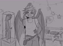 Size: 8500x6228 | Tagged: safe, artist:alisonandhope, derpibooru import, oc, oc only, anthro, griffon, commission, display case, female, gray background, grayscale, hand on hip, interspecies offspring, magical lesbian spawn, missing limb, monochrome, offspring, parent:gilda, parent:rainbow dash, parents:gildash, robotic arm, simple background