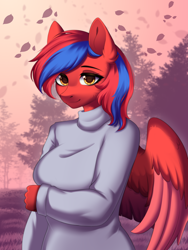 Size: 1716x2286 | Tagged: safe, artist:alunedoodle, derpibooru import, oc, oc only, oc:ivory flare, anthro, pegasus, pony, bust, clothes, colored wings, female, folded wings, portrait, solo, sweater, two toned mane, two toned wings, wings