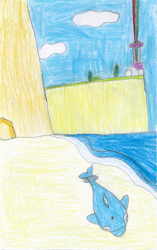 Size: 1539x2454 | Tagged: safe, artist:nitro indigo, derpibooru import, fanfic:all the smallest things, beach, beached whale (literal), cliffs, crystal brighthouse, fanfic art, finizen, maretime bay, ocean, pencil drawing, pokémon, rainbow, solo, traditional art, water