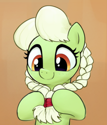 Size: 1499x1753 | Tagged: safe, artist:whiskeypanda, derpibooru import, granny smith, earth pony, pony, g4, adorasmith, blushing, braid, bust, cute, female, gradient background, looking down, mare, mother's day, playing with hair, smiling, solo, young granny smith, younger
