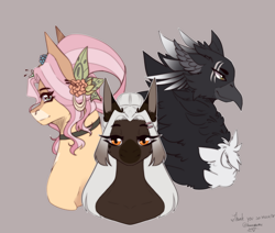 Size: 2740x2320 | Tagged: safe, artist:honeybbear, derpibooru import, oc, oc only, griffon, pony, griffon oc, trio