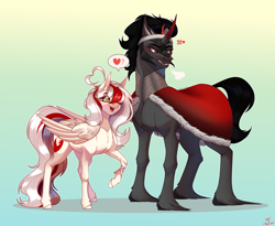 Size: 3541x2908 | Tagged: safe, artist:honeybbear, derpibooru import, king sombra, oc, oc:awya lightfeather, pegasus, pony, unicorn, g4, blushing, canon x oc, curved horn, duo, duo male and female, female, folded wings, gradient background, gritted teeth, heart, horn, male, mare, open mouth, open smile, pegasus oc, size difference, smiling, speech bubble, stallion, tsundere, wings