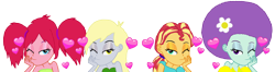 Size: 9494x2495 | Tagged: safe, artist:bigpurplemuppet99, derpibooru import, blueberry pie, derpy hooves, raspberry fluff, sunset shimmer, equestria girls, g4, alternate hairstyle, flower, flower in hair, heart, simple background, the muffins, transparent background