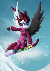 Size: 1237x1750 | Tagged: safe, artist:jamescorck, derpibooru import, oc, oc:seraph, pegasus, pony, clothes, snow, snowboard, solo