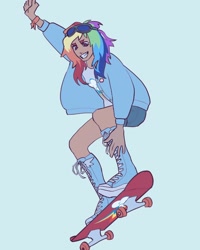 Size: 1440x1800 | Tagged: safe, artist:broniesforponies, derpibooru import, rainbow dash, human, g4, blue background, clothes, female, grin, humanized, jacket, lesbian pride flag, multicolored hair, pin, pride, pride flag, rainbow hair, simple background, skateboard, smiling, solo